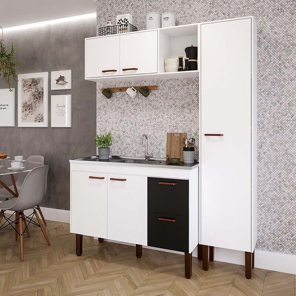 Balcão para Cozinha MDF Slim 94cm Branco e Preto - MGM Móveis